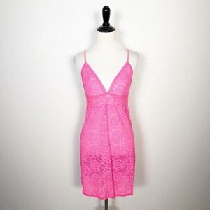 Victoria's Secret Lace Babydoll Dress L Womens Hot Pink Y2K‎ Sheer Lingerie